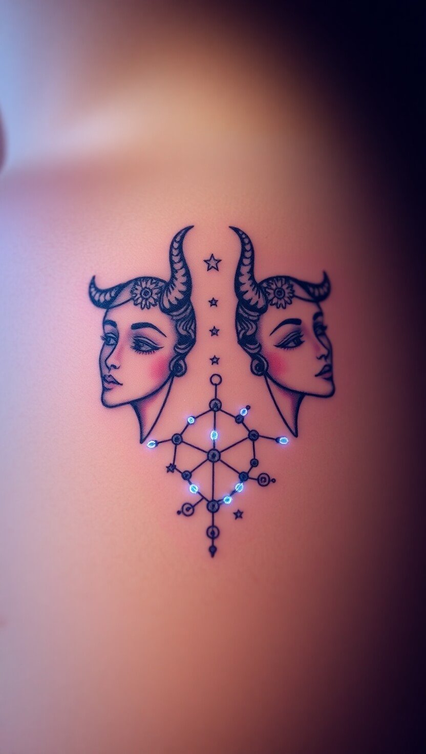 Two identical faces framed by crescent moons, connected by glowing stars and a constellation.