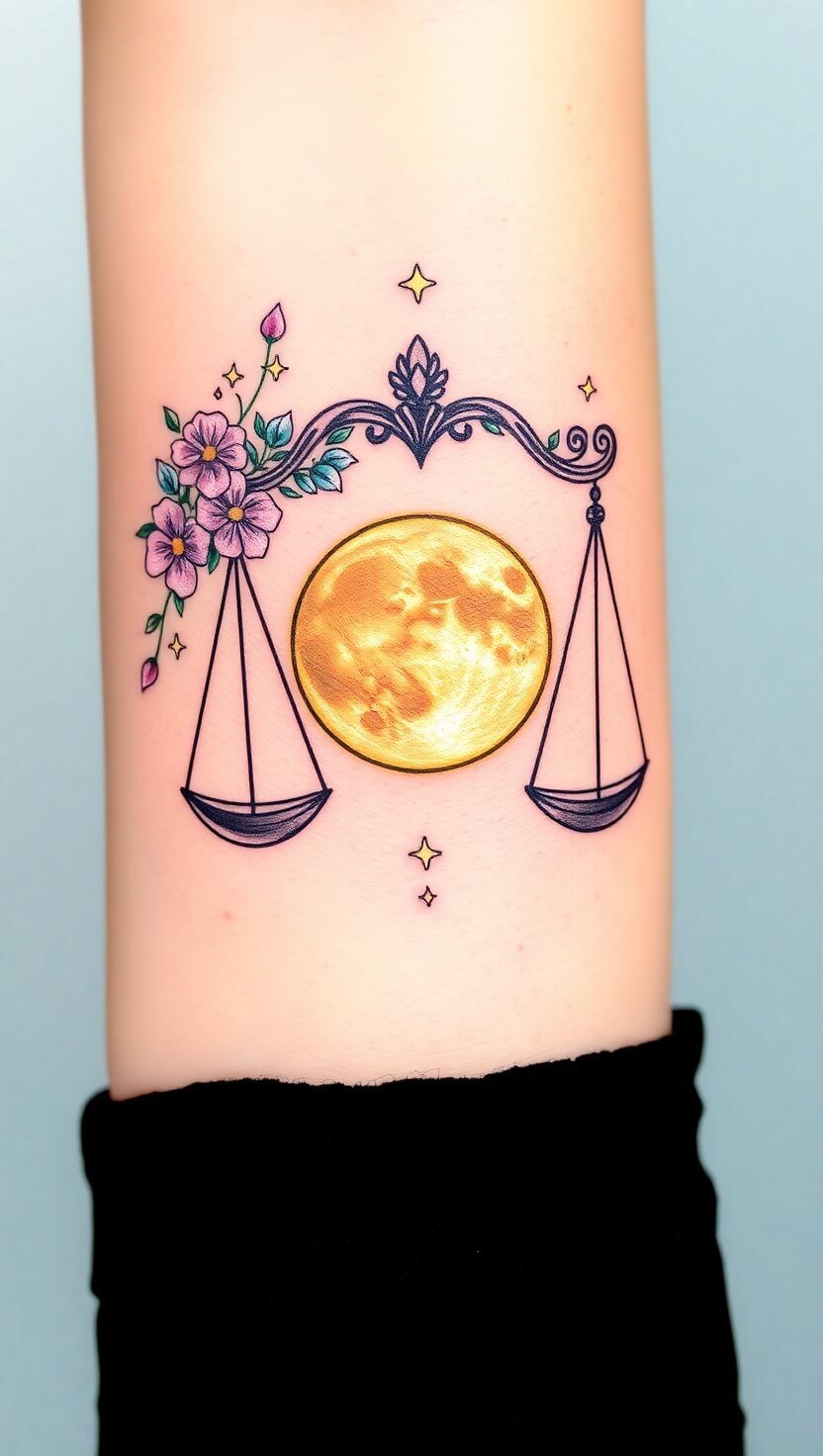 Perfectly balanced scales with flowers and stars, with a glowing full moon at the center.