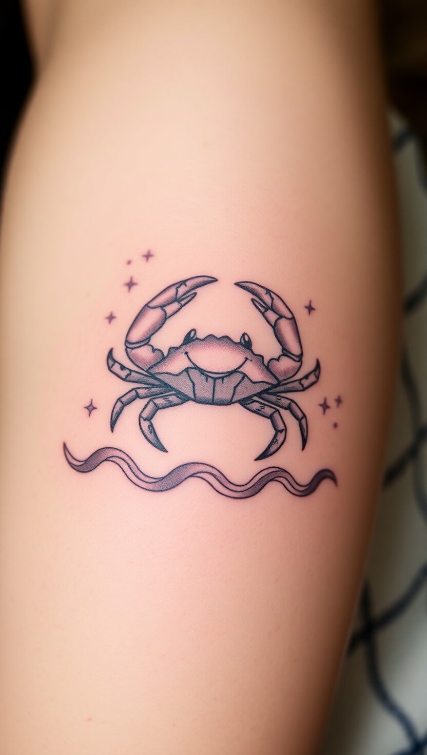 A crab holding a crescent moon in its claws, surrounded by gentle ocean waves and sparkles.