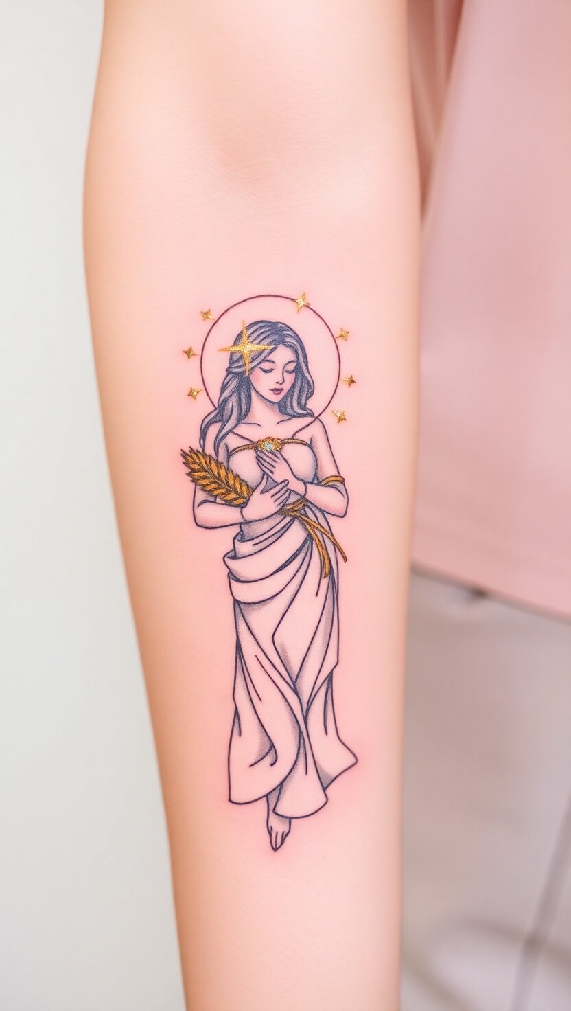 A serene maiden in a flowing dress, holding a bundle of wheat, framed by a glowing star.