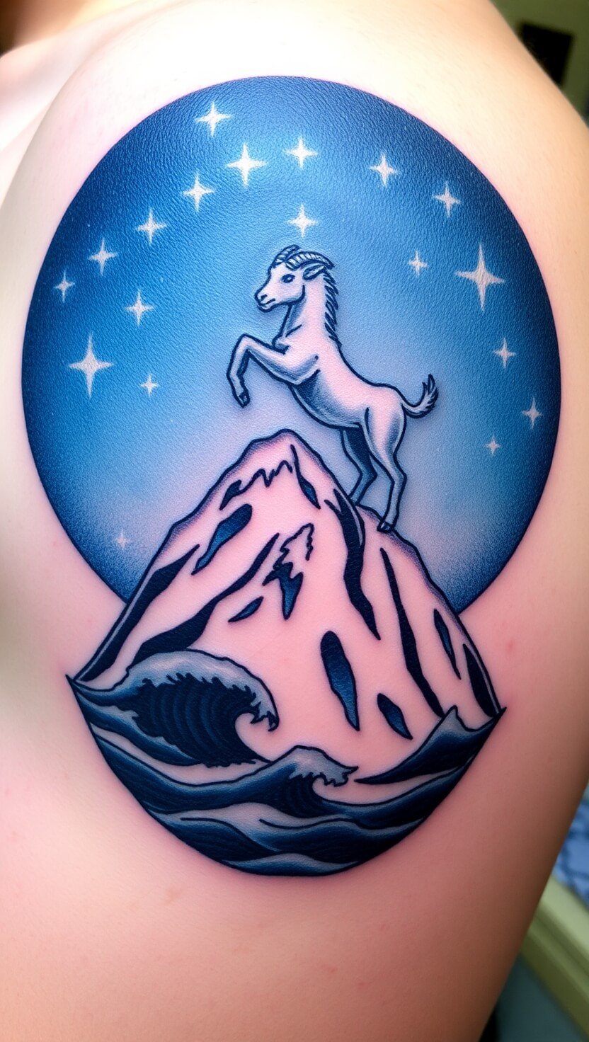 A sea goat standing atop a mountain peak, its tail curving into ocean waves under a constellation.