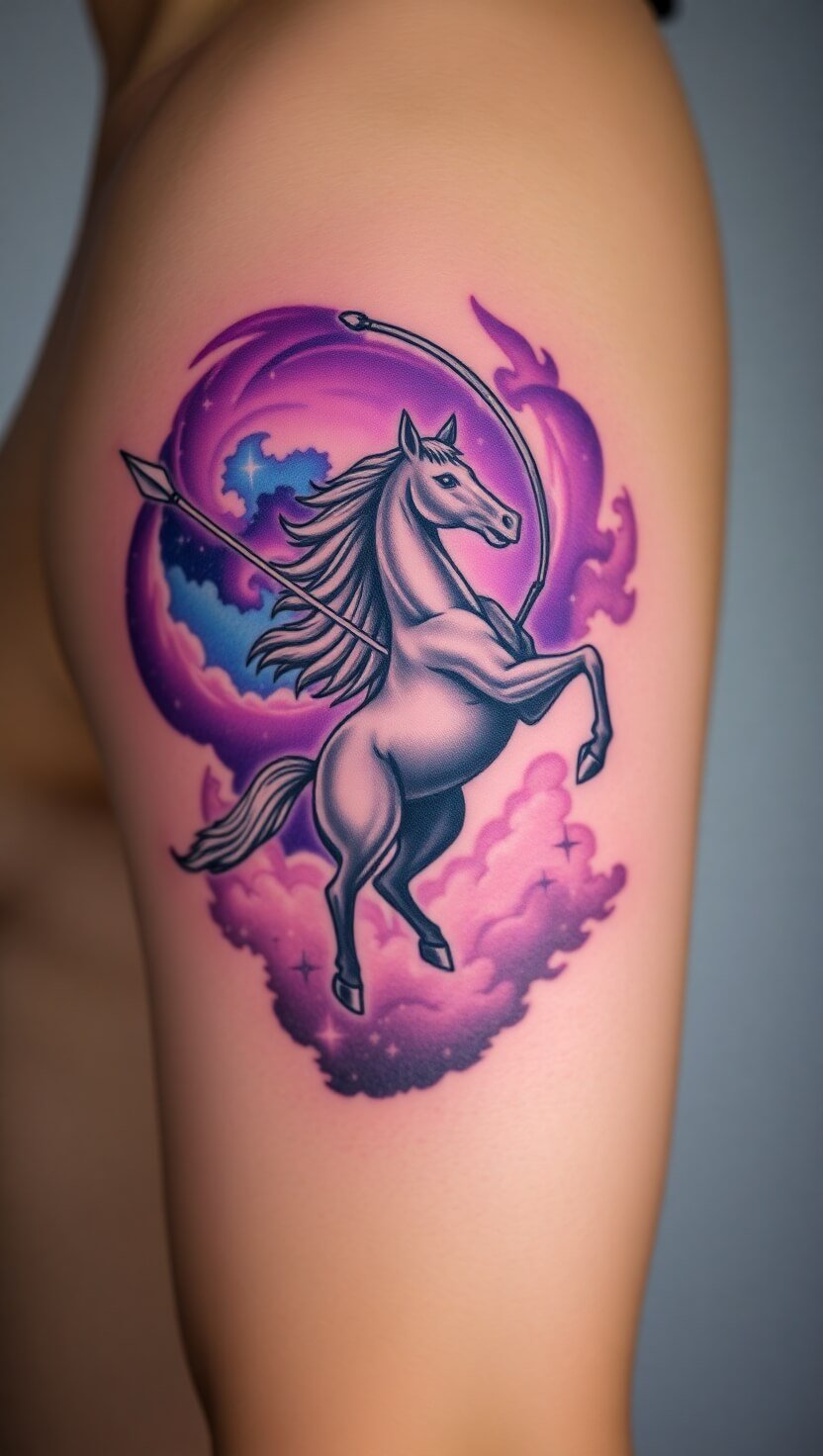 A sleek bow and arrow shooting across a galaxy, with a centaur silhouette in the background.