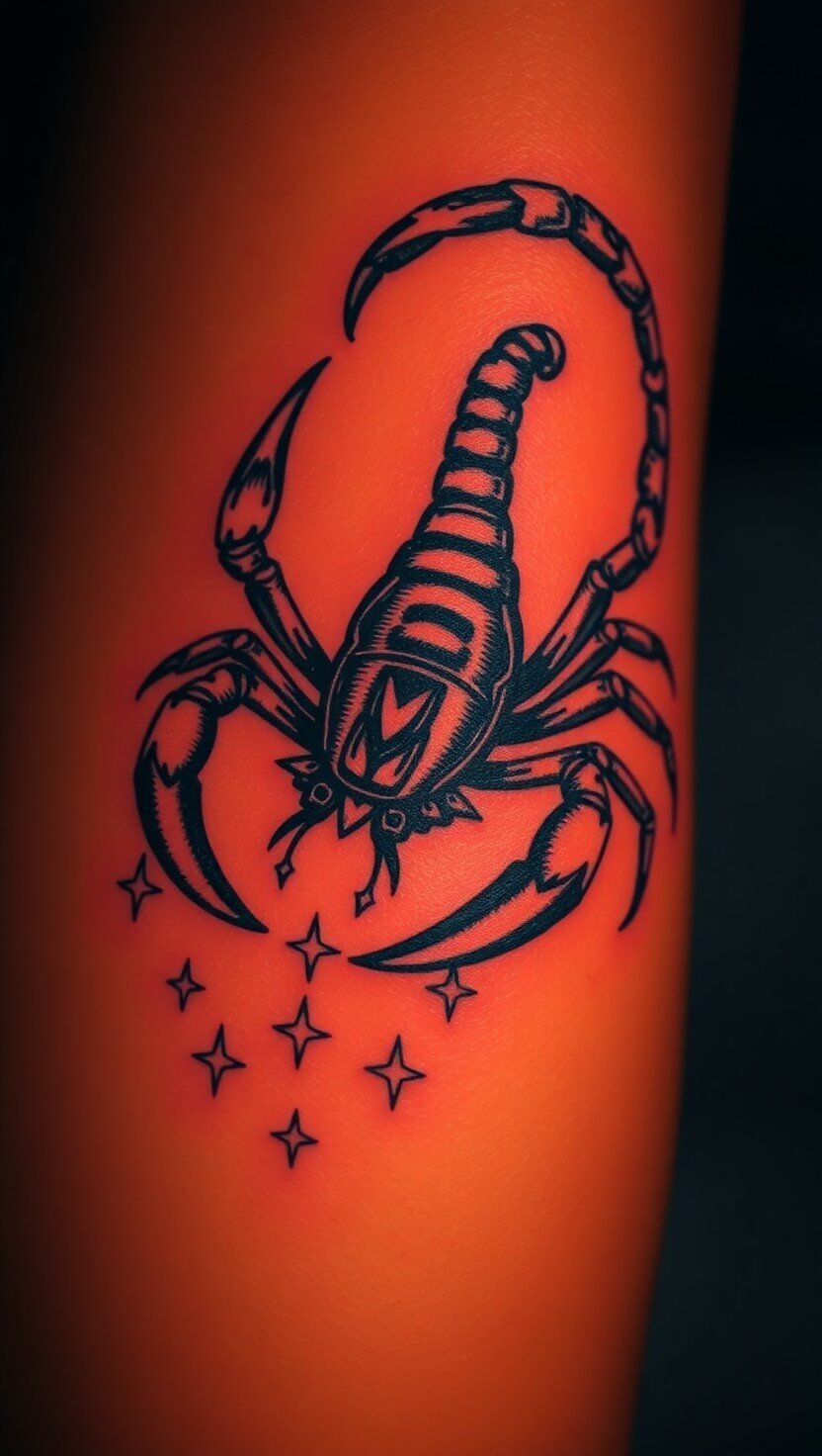 A detailed scorpion with glowing eyes and a stinger dripping with stars, surrounded by shadows.