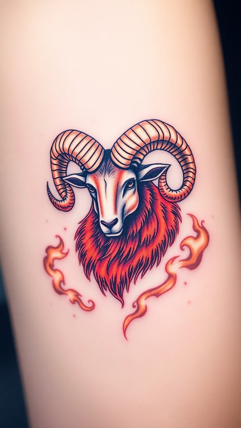 A ram with curling horns, surrounded by a fiery aura, against a minimalist starry backdrop.