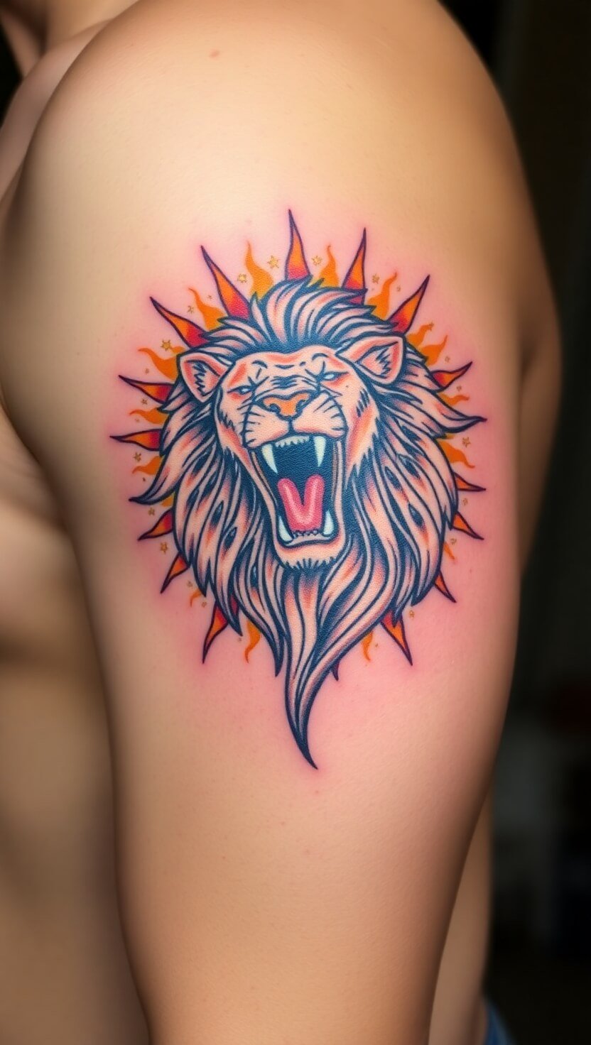 A roaring lion with a radiant sunburst behind it, crowned with small stars and flames.