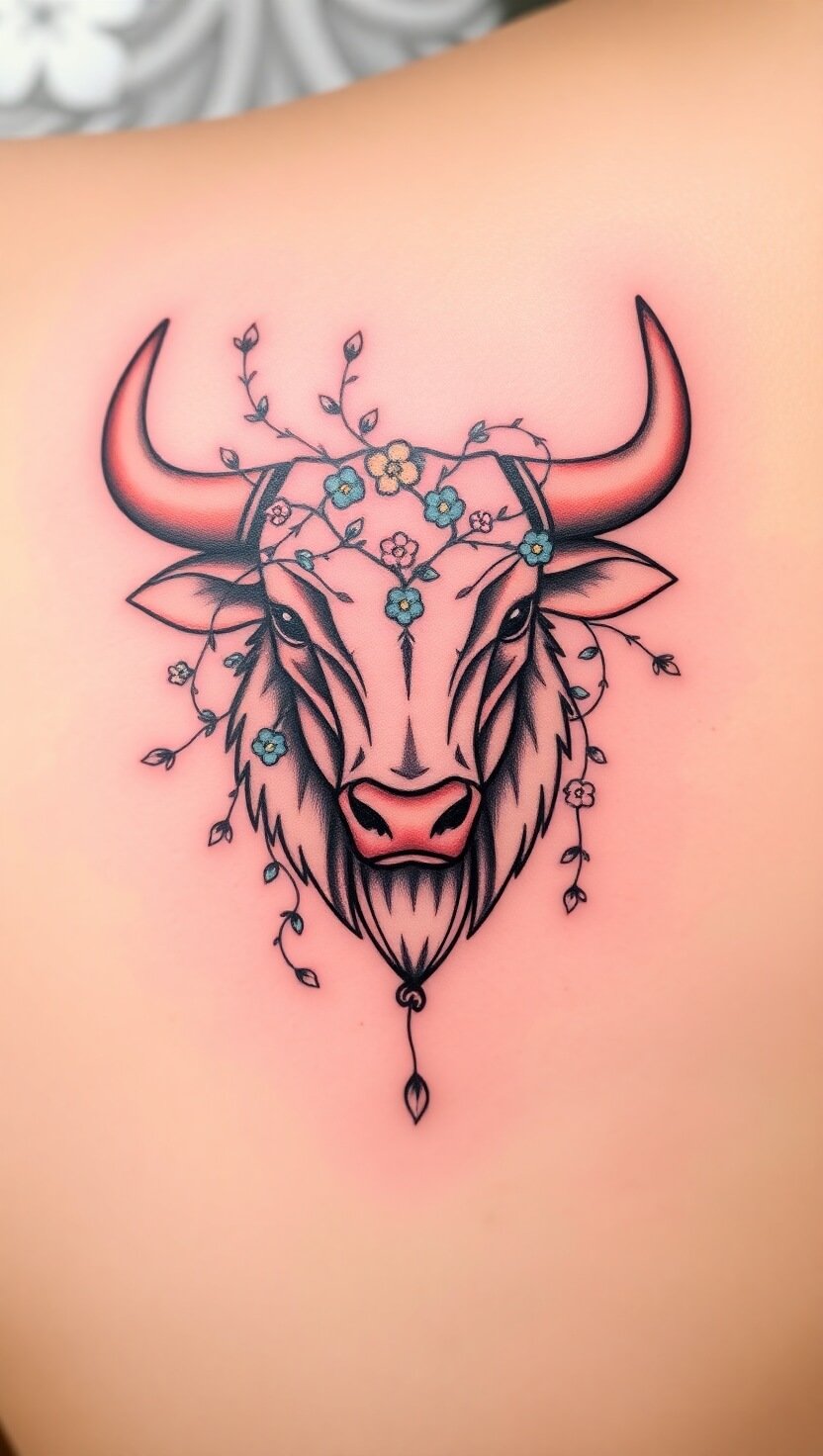 A strong, serene bull head with delicate vines and flowers intertwined around the horns.